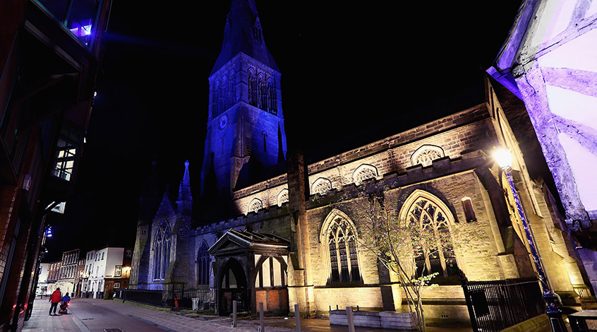 Leicester Cathedral glows blue in support of Leicester City.